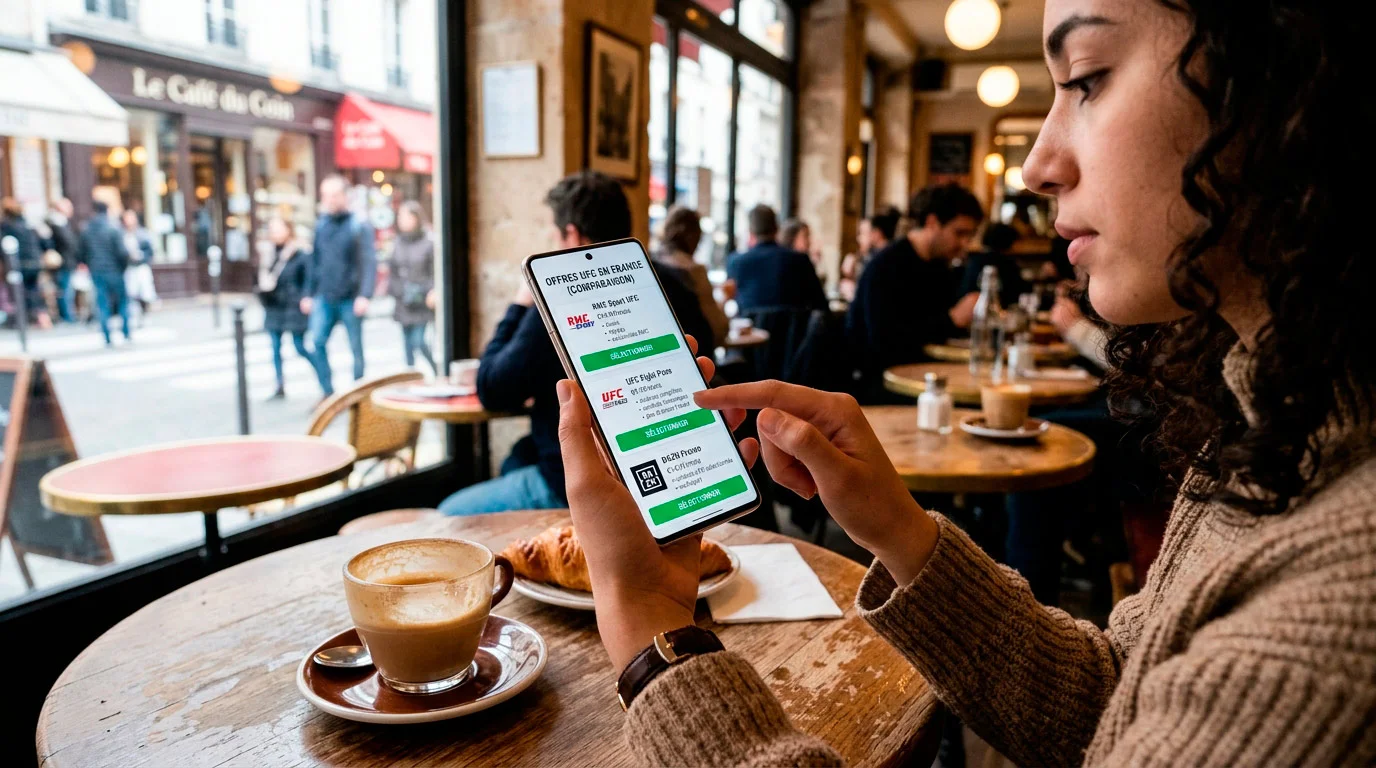 Smartphone montrant différentes options d'abonnement pour regarder l'UFC
