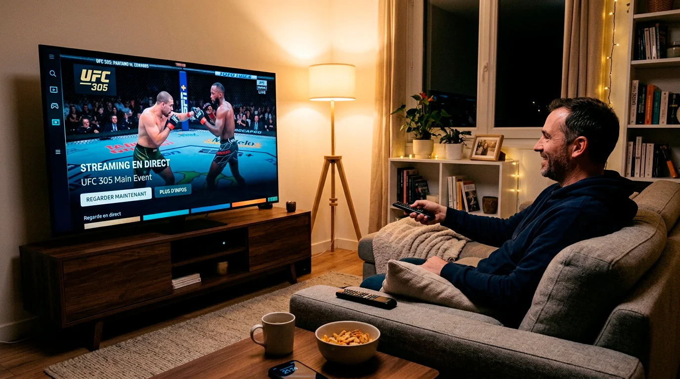 Personne regardant un combat MMA en streaming sur sa télévision connectée