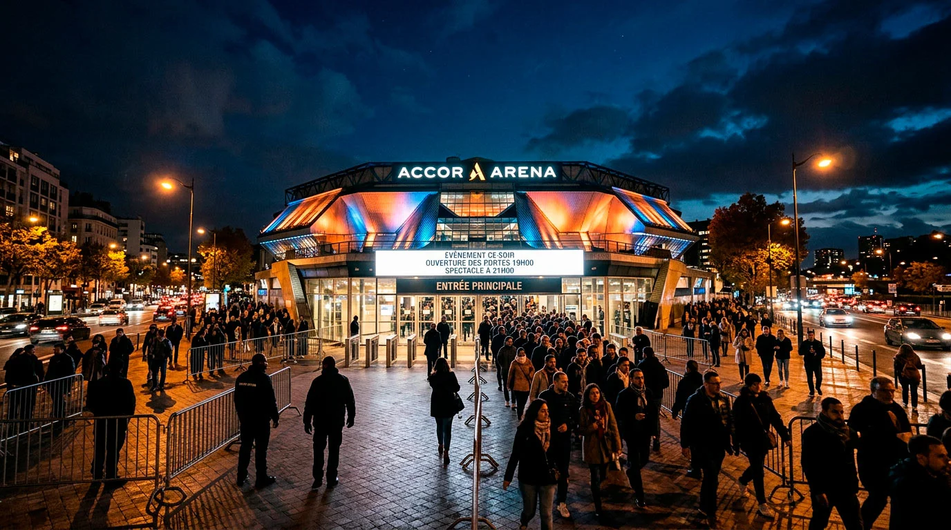 Façade de l'Accor Arena à Paris lors d'un soir d'événement sportif