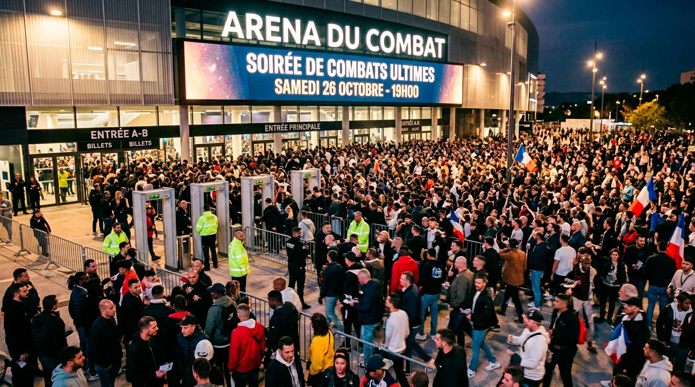 Foule entrant dans une grande salle de spectacle pour un événement de combat MMA
