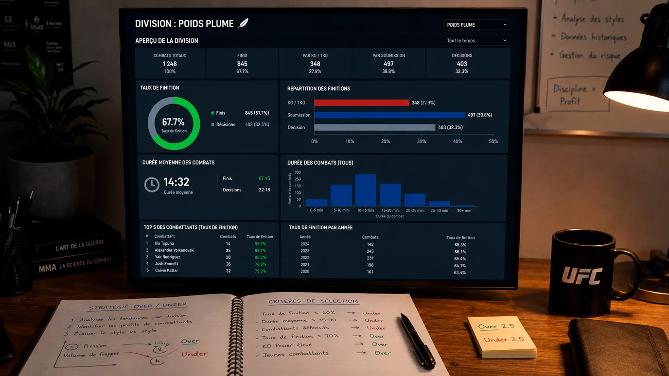 Écran montrant les statistiques de la division poids plumes UFC