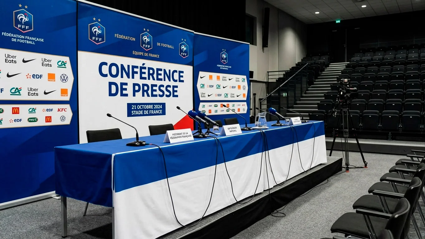Salle de conférence de presse sportive avec microphones et bannières