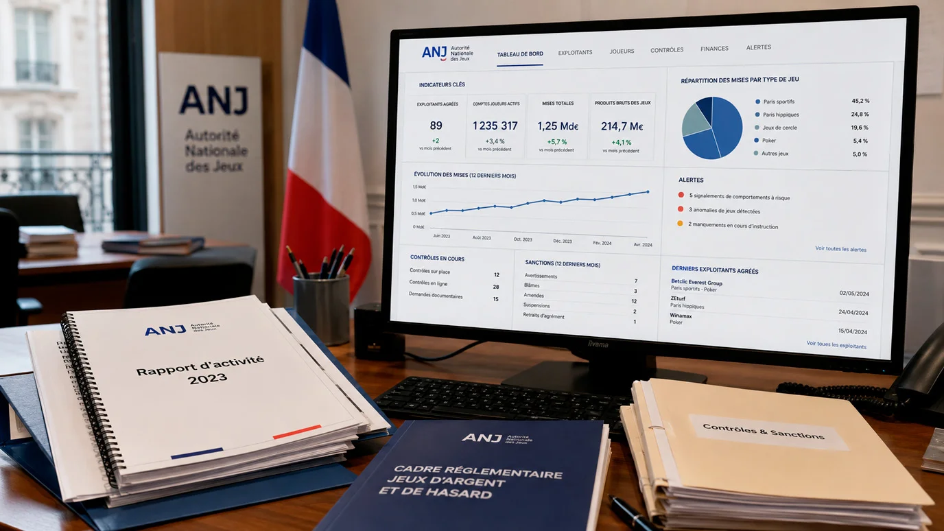 Bureau de contrôle réglementaire avec documents officiels et écran de monitoring