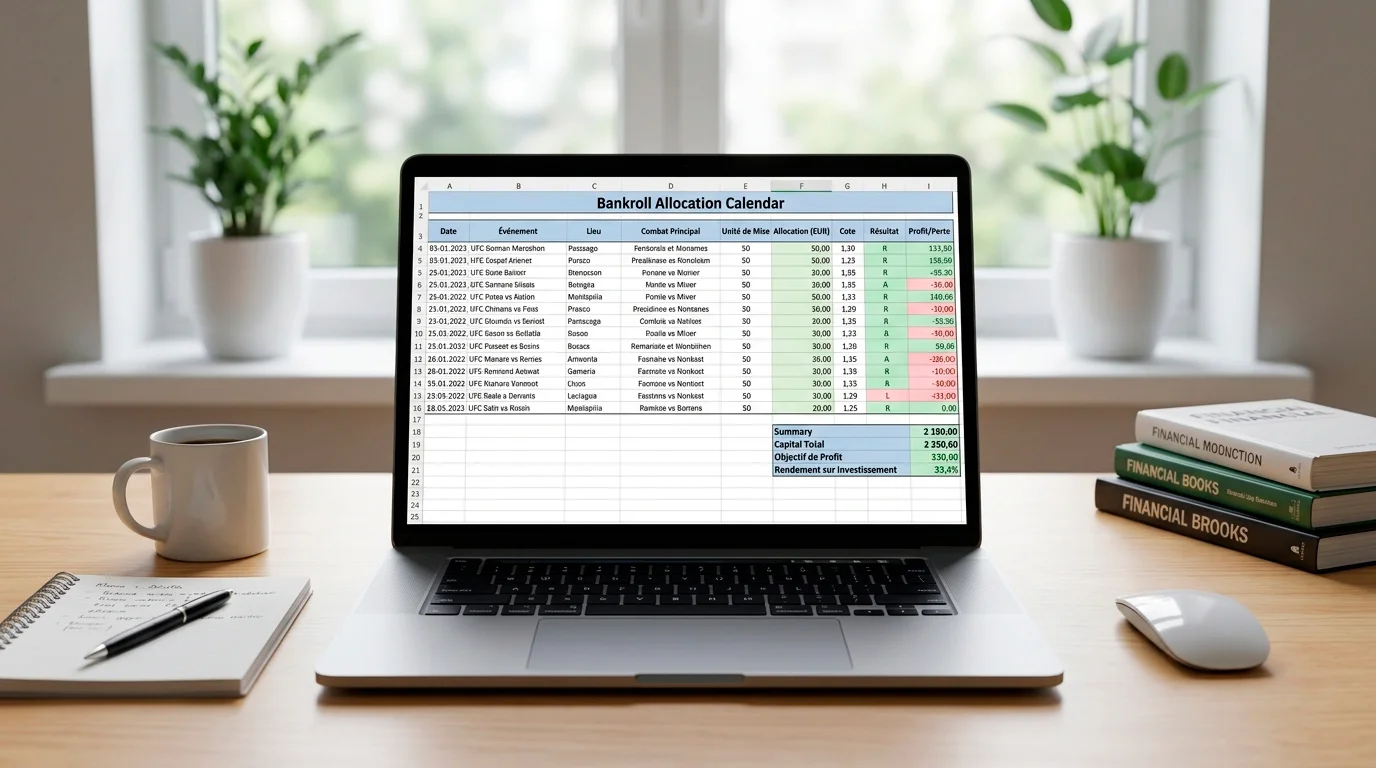 Tableur montrant la répartition du bankroll sur un calendrier annuel UFC