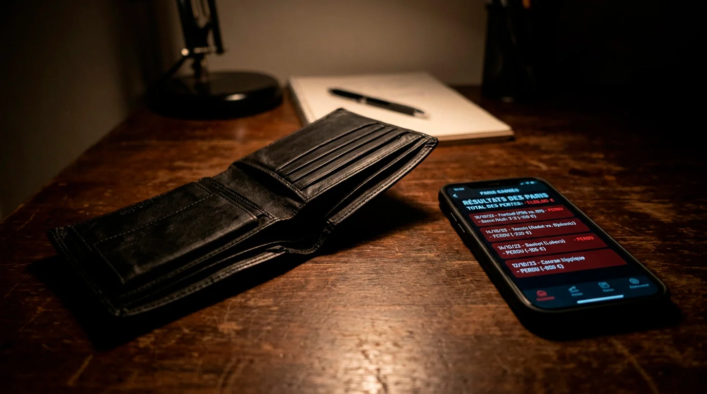 Portefeuille vide à côté d'un smartphone montrant des paris excessifs