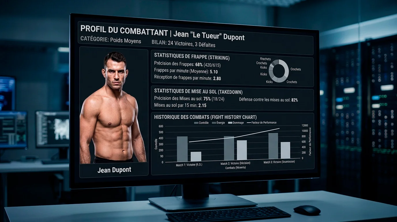 Profil statistique détaillé d'un combattant UFC affiché sur un écran