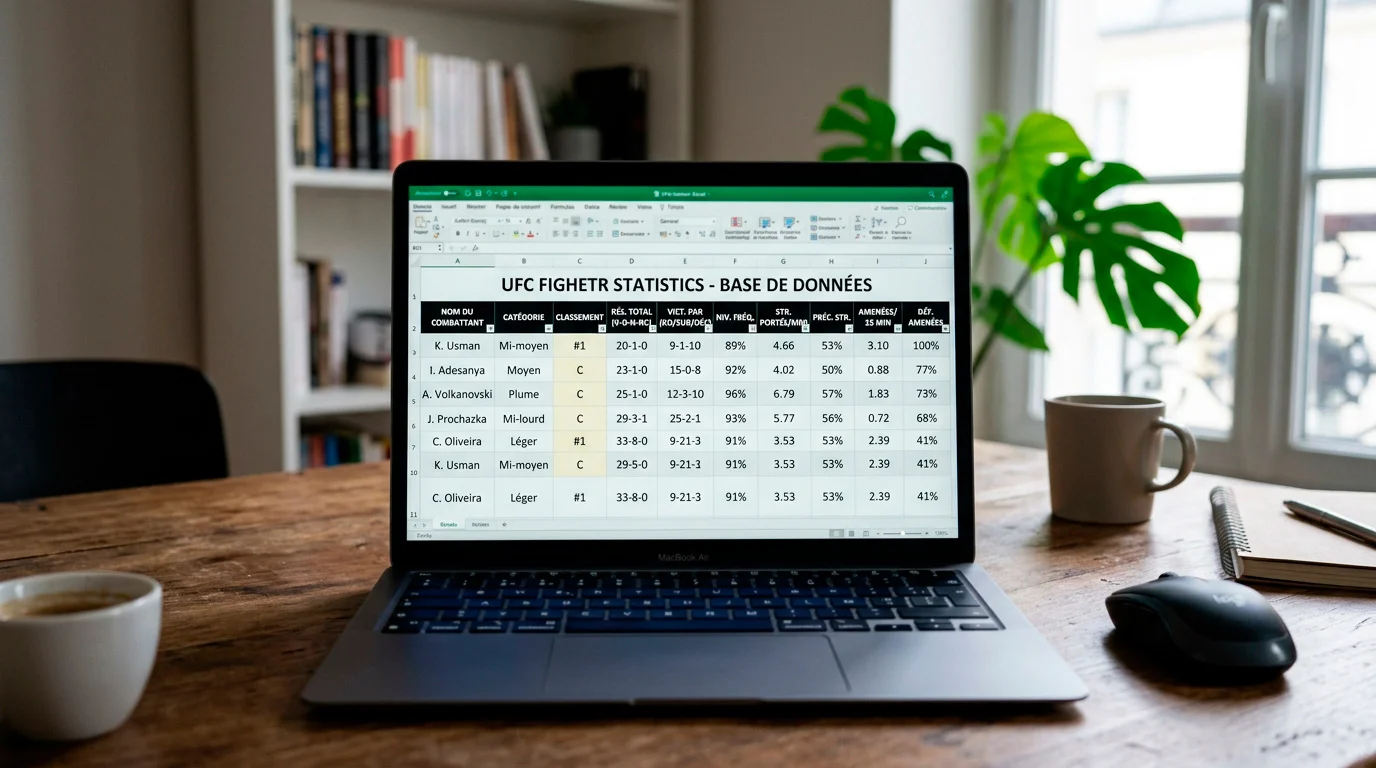 Tableur personnalisé de suivi des statistiques UFC sur un écran d'ordinateur