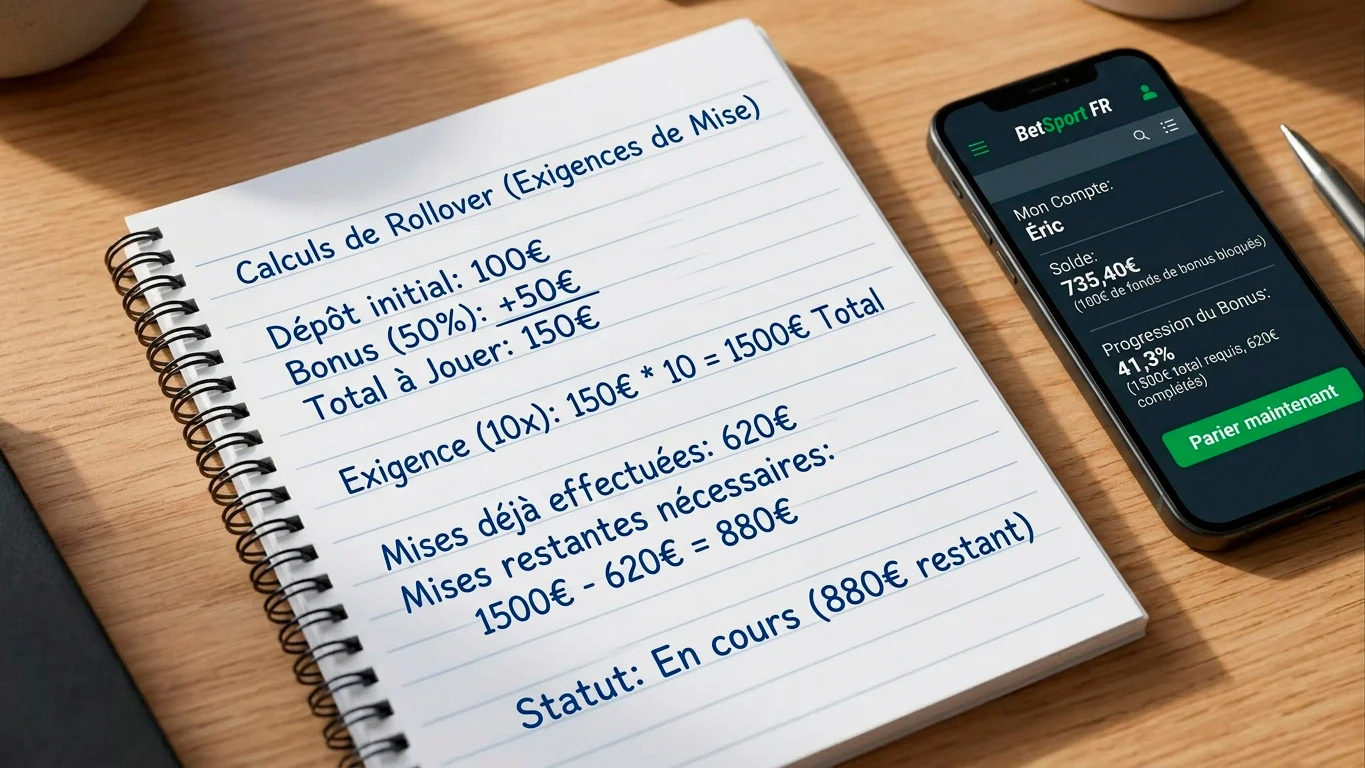 Bloc-notes avec calculs de rollover et conditions de mise pour un bonus de pari sportif