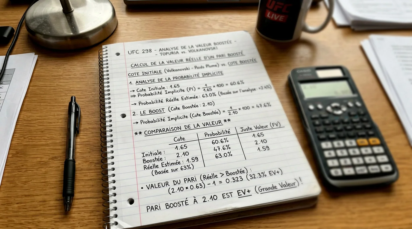 Bloc-notes avec calcul comparant la valeur réelle d'un boost de cotes UFC