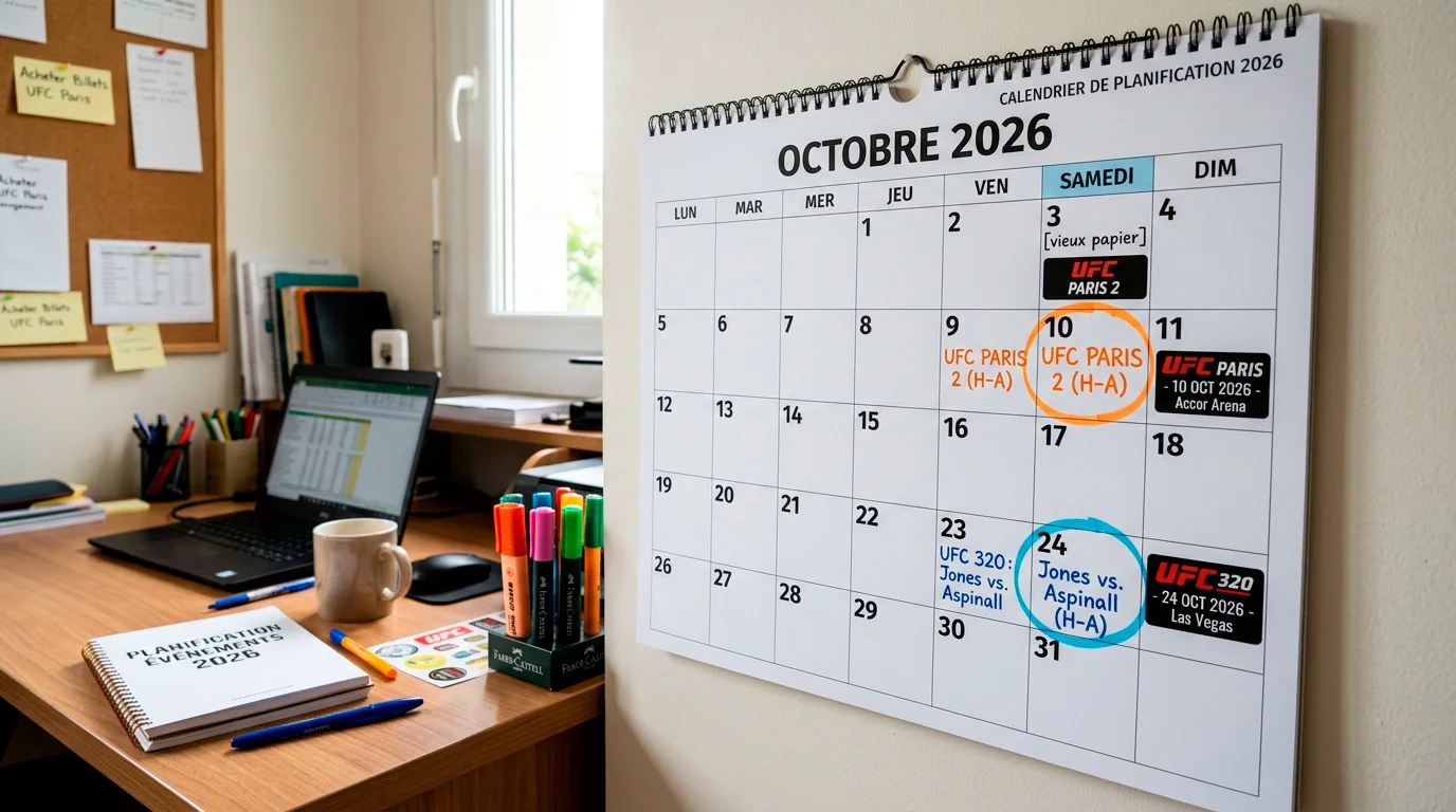 Calendrier mural avec les dates des événements UFC 2026 marquées