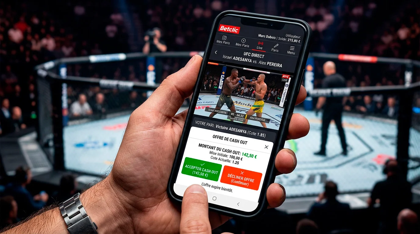 Écran de bookmaker montrant l'option de cash-out pendant un combat en direct