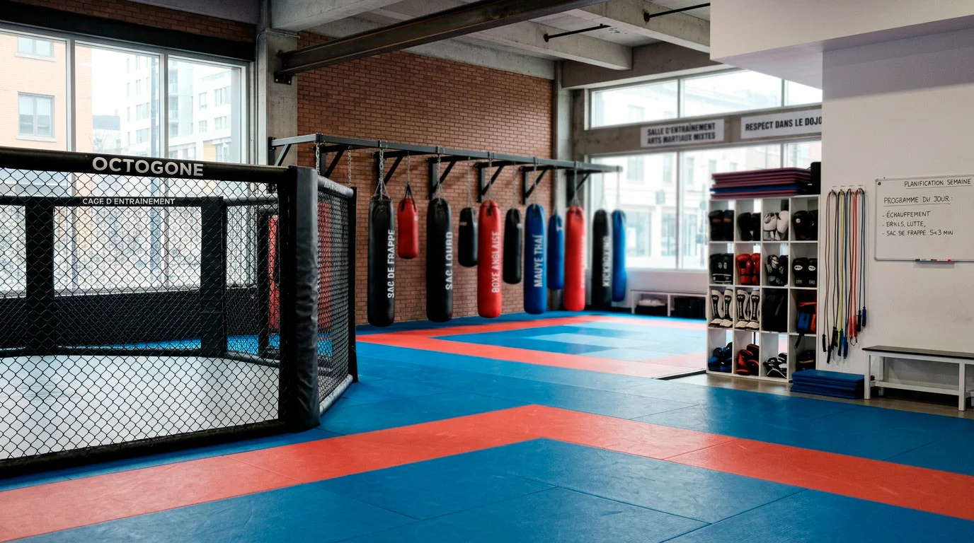 Salle d'entraînement MMA avec équipement de combat et sac de frappe