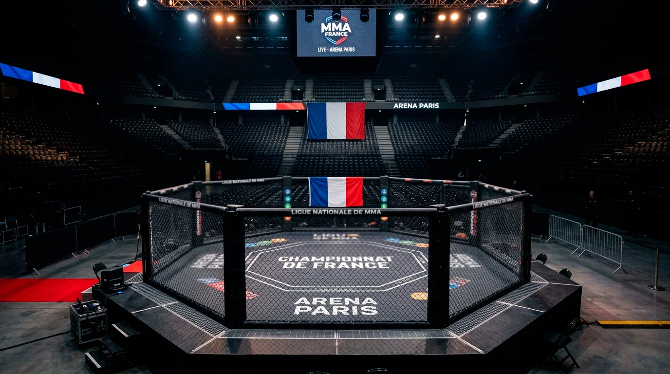 Octogone MMA vide avec drapeaux français en arrière-plan dans une grande arena