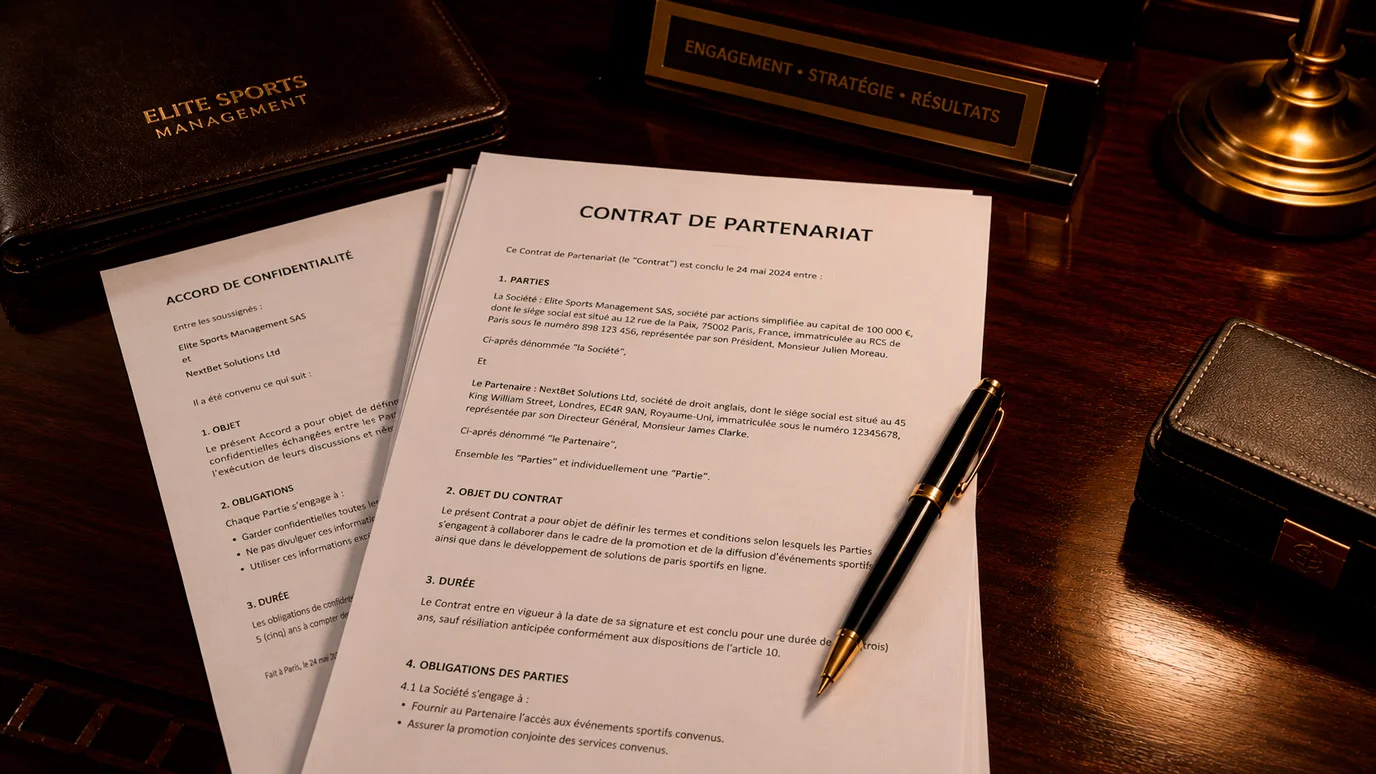 Documents contractuels et stylo sur un bureau représentant un accord majeur