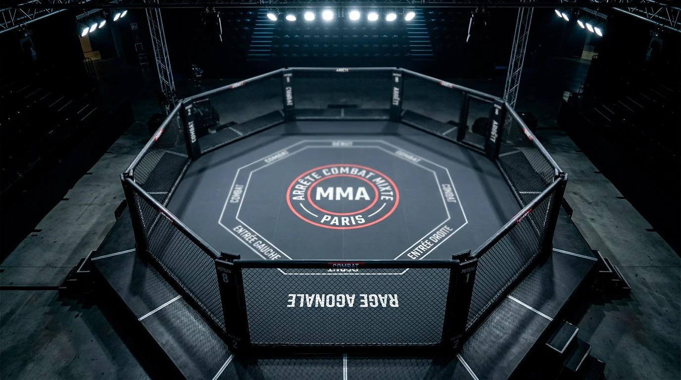 Vue d'un octogone MMA vide avec marquages au sol illustrant les zones de contrôle