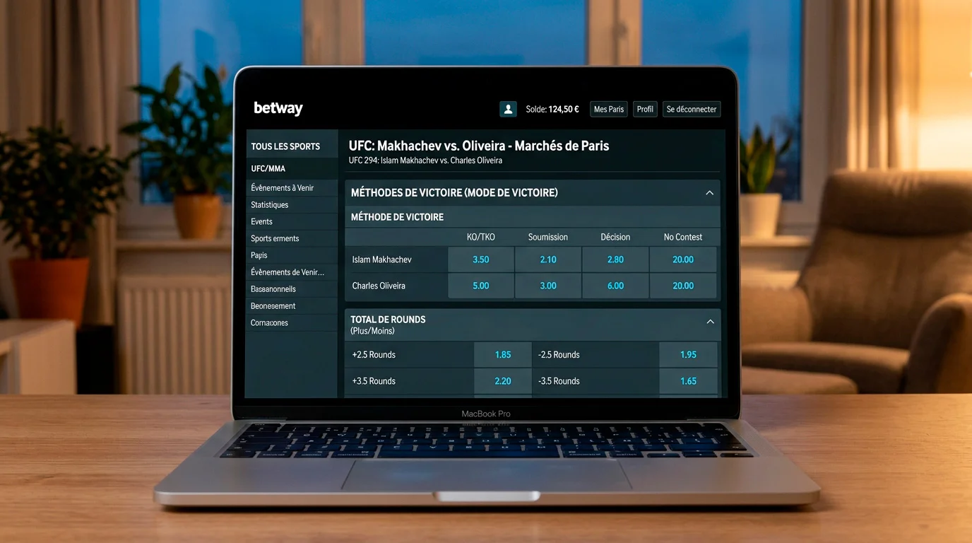 Écran de bookmaker montrant les cotes pour KO soumission et décision sur un combat UFC
