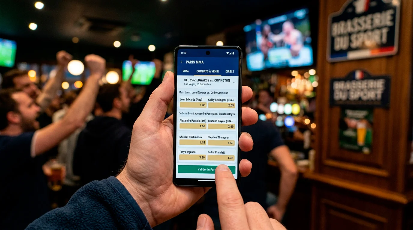 Coupon de pari UFC sur l'écran d'un smartphone montrant les cotes décimales