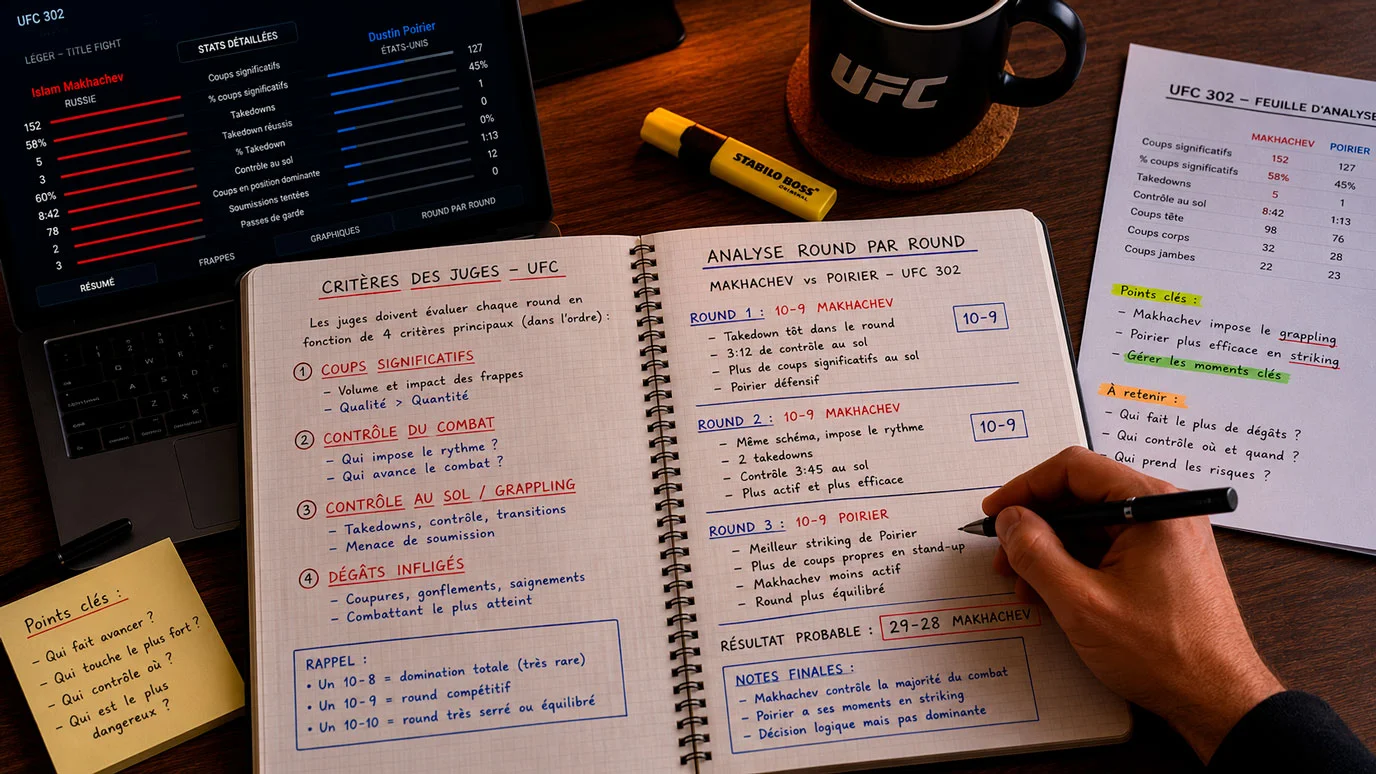 Bloc-notes d'analyse avec critères de scoring pour un combat UFC allant à la décision