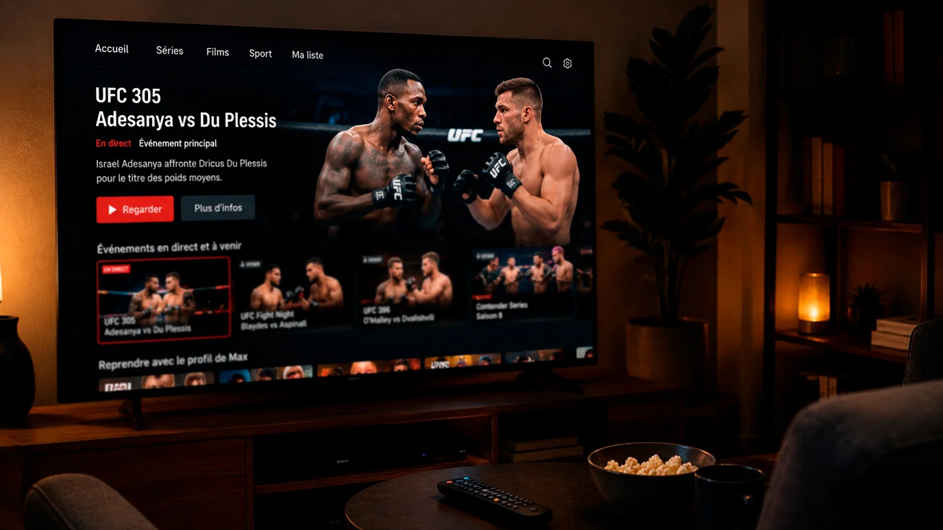 Télévision connectée affichant un menu de streaming avec contenu MMA