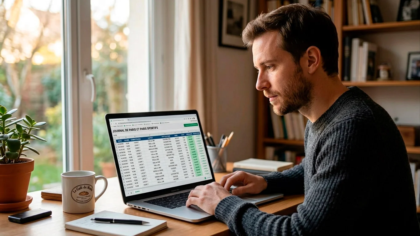 Parieur discipliné consultant son registre de paris sur un ordinateur portable