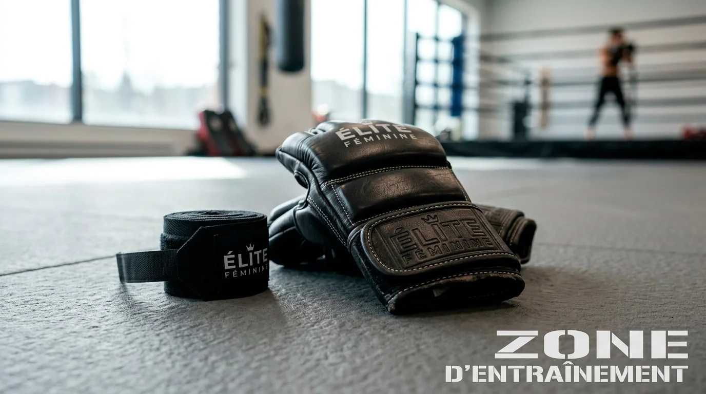 Gants de MMA féminins et bandages d'entraînement sur un tapis de gym