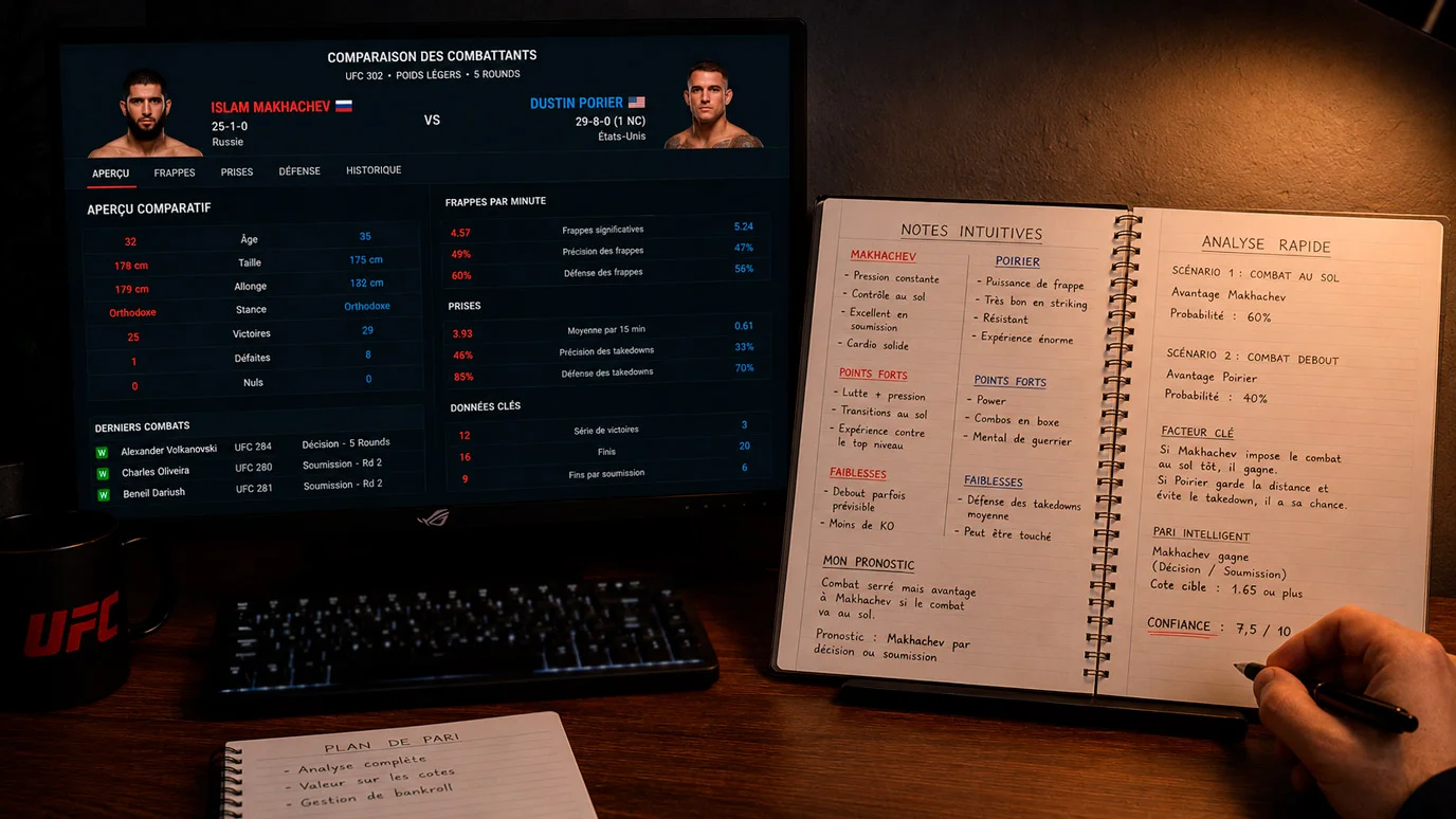 Écran d'analyse avec données statistiques UFC opposées à des notes intuitives
