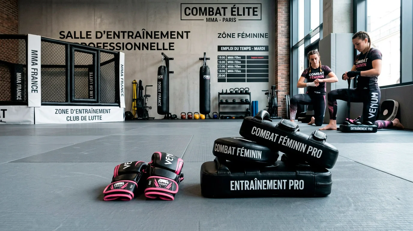 Salle d'entraînement MMA avec équipement pour combat féminin