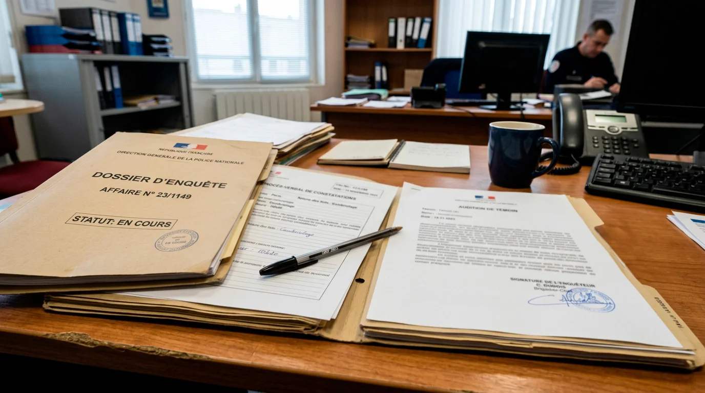 Dossier d'enquête ouvert avec documents sur un bureau officiel