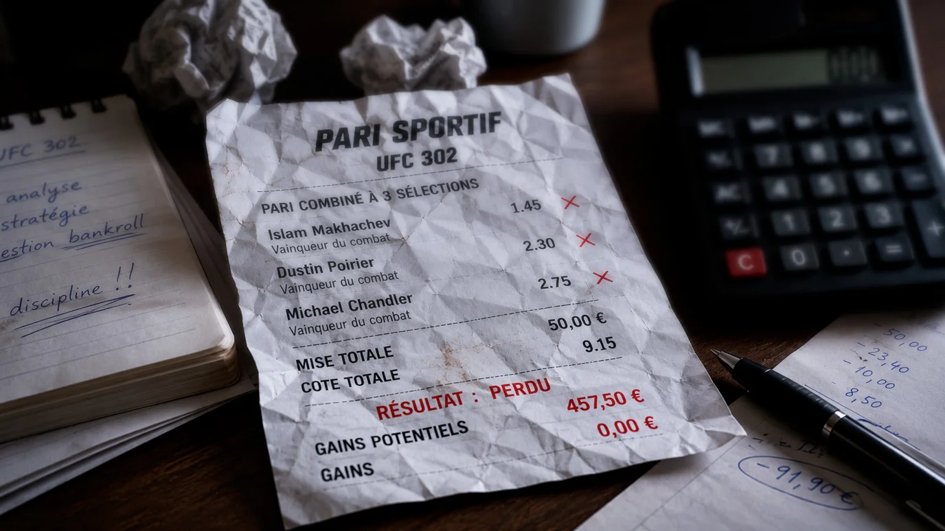 Coupon de pari perdant avec trop de favoris empilés dans un combiné