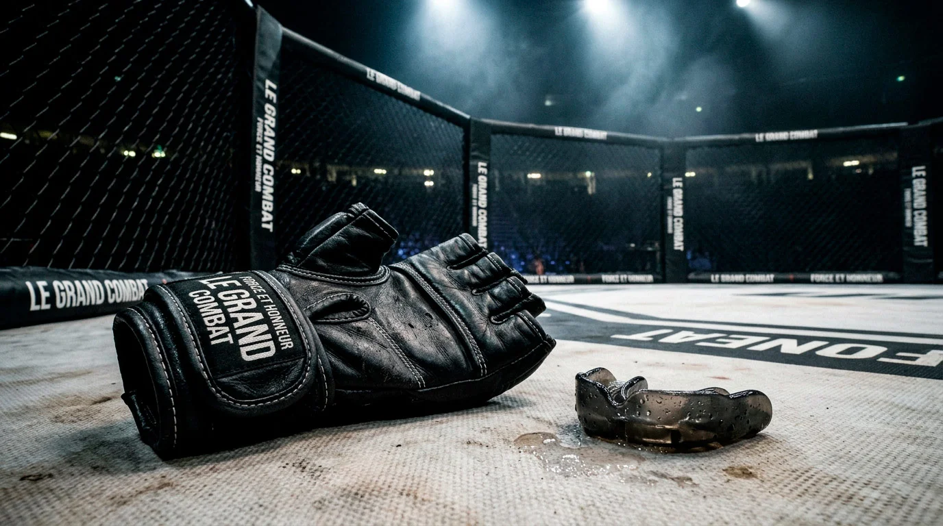 Gants de MMA et protège-dents posés au bord d'un octogone vide