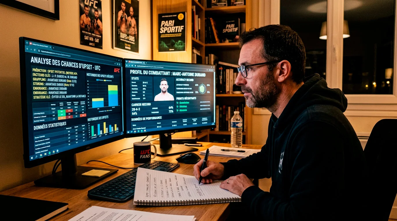 Analyste identifiant les facteurs d'un upset UFC sur son écran de travail