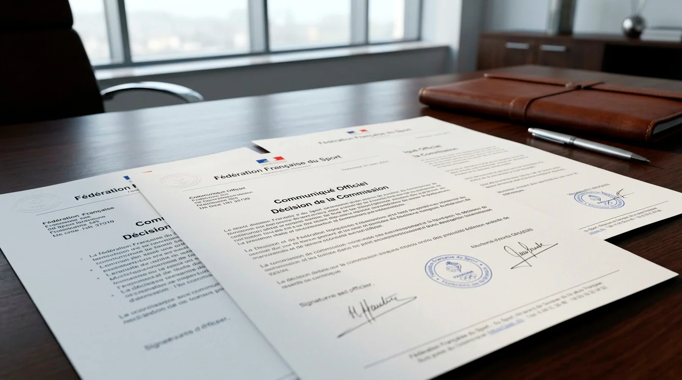Documents officiels de fédération sportive posés sur un bureau