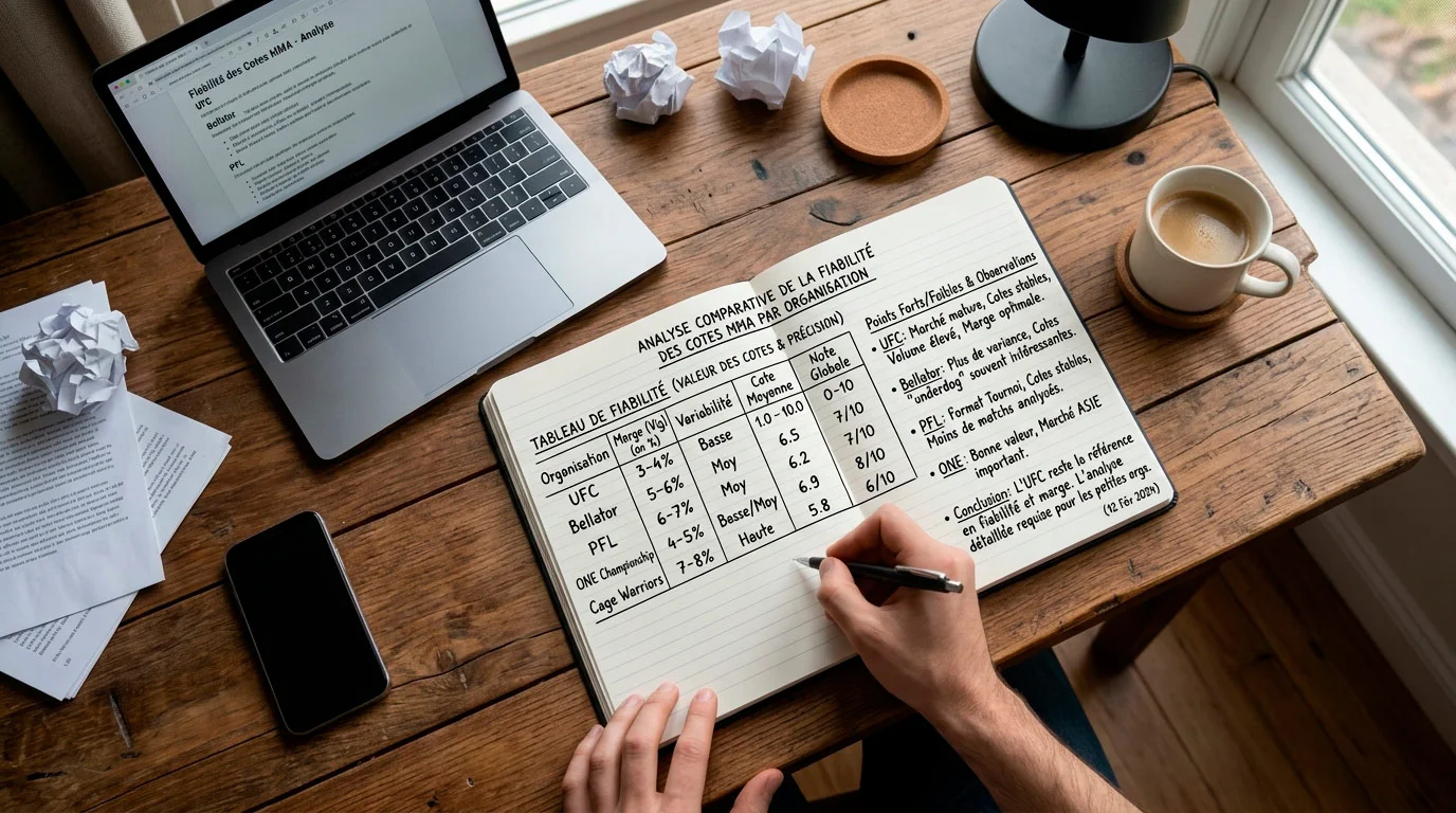Bloc-notes comparant la fiabilité des cotes entre différentes organisations MMA