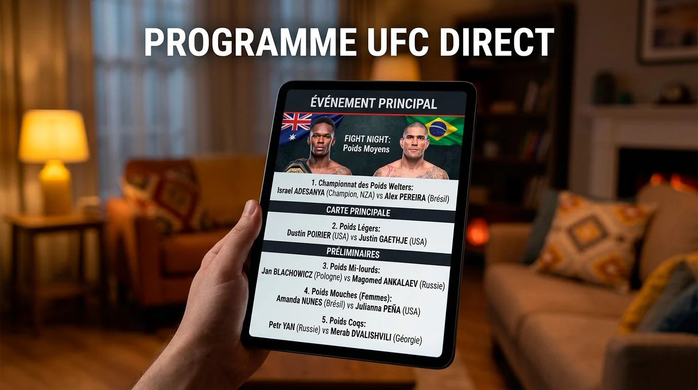 Fight card d'un événement UFC affichée sur un écran de tablette
