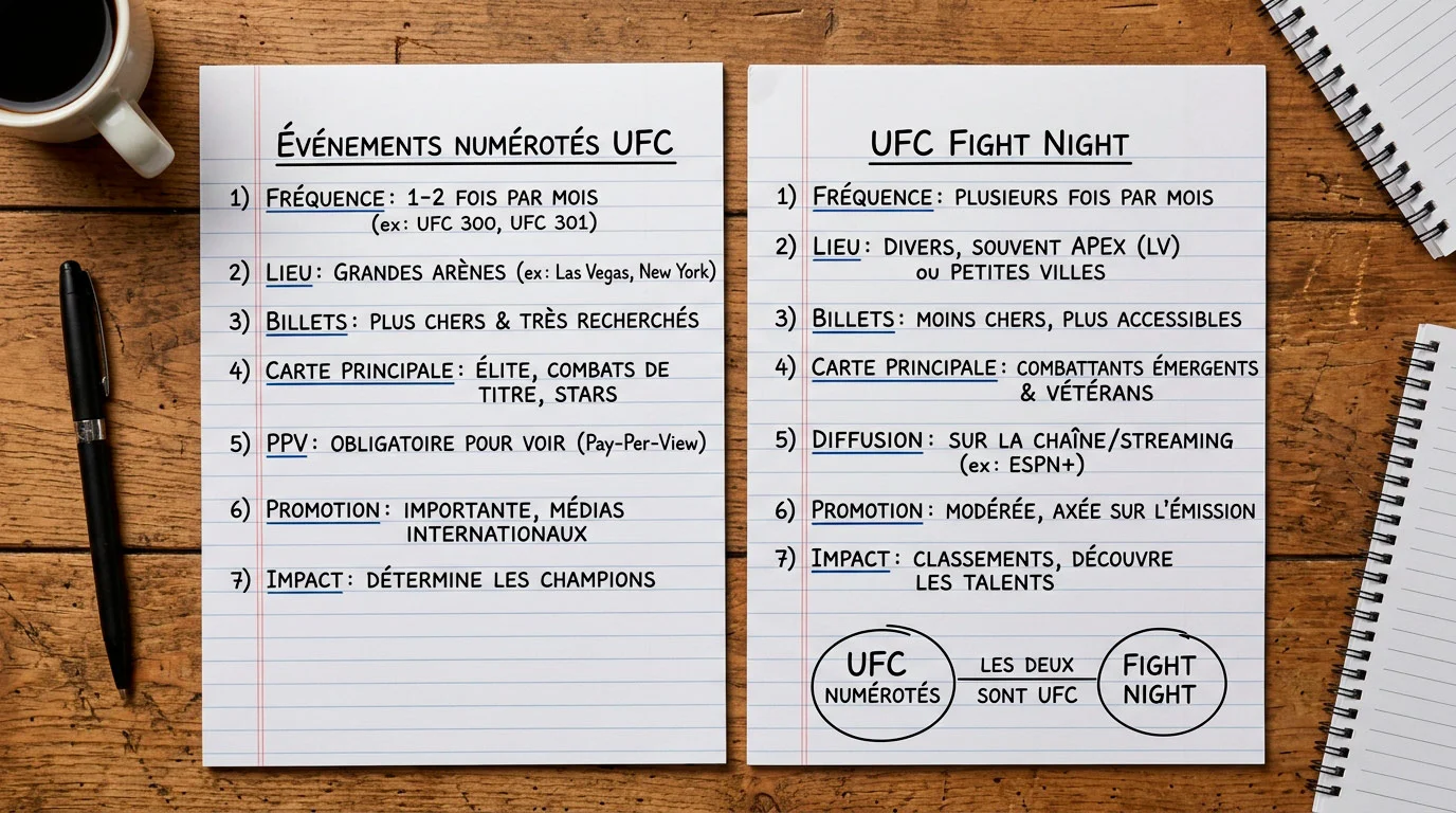 Comparaison visuelle entre un événement Fight Night et un événement numéroté sur un bloc-notes