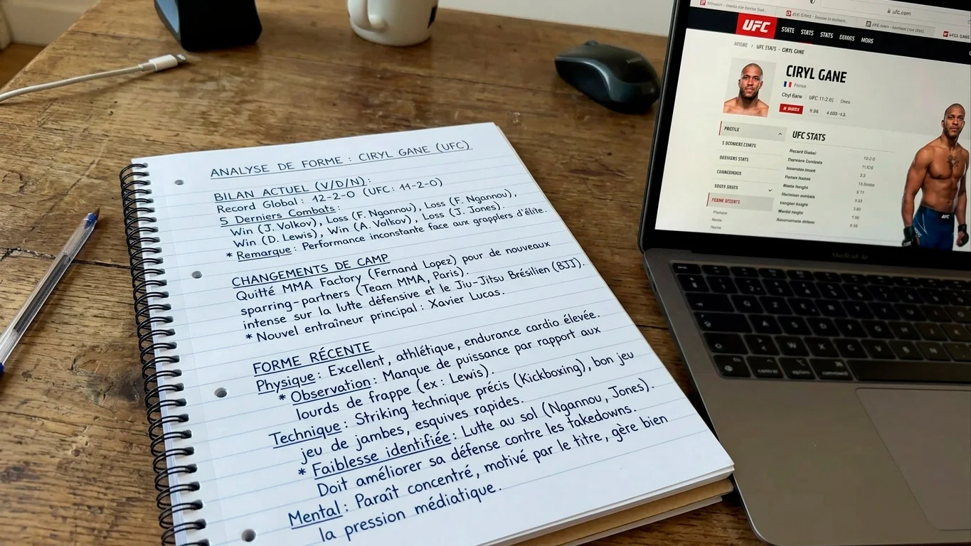 Bloc-notes avec annotations sur la forme récente et les résultats d'un combattant
