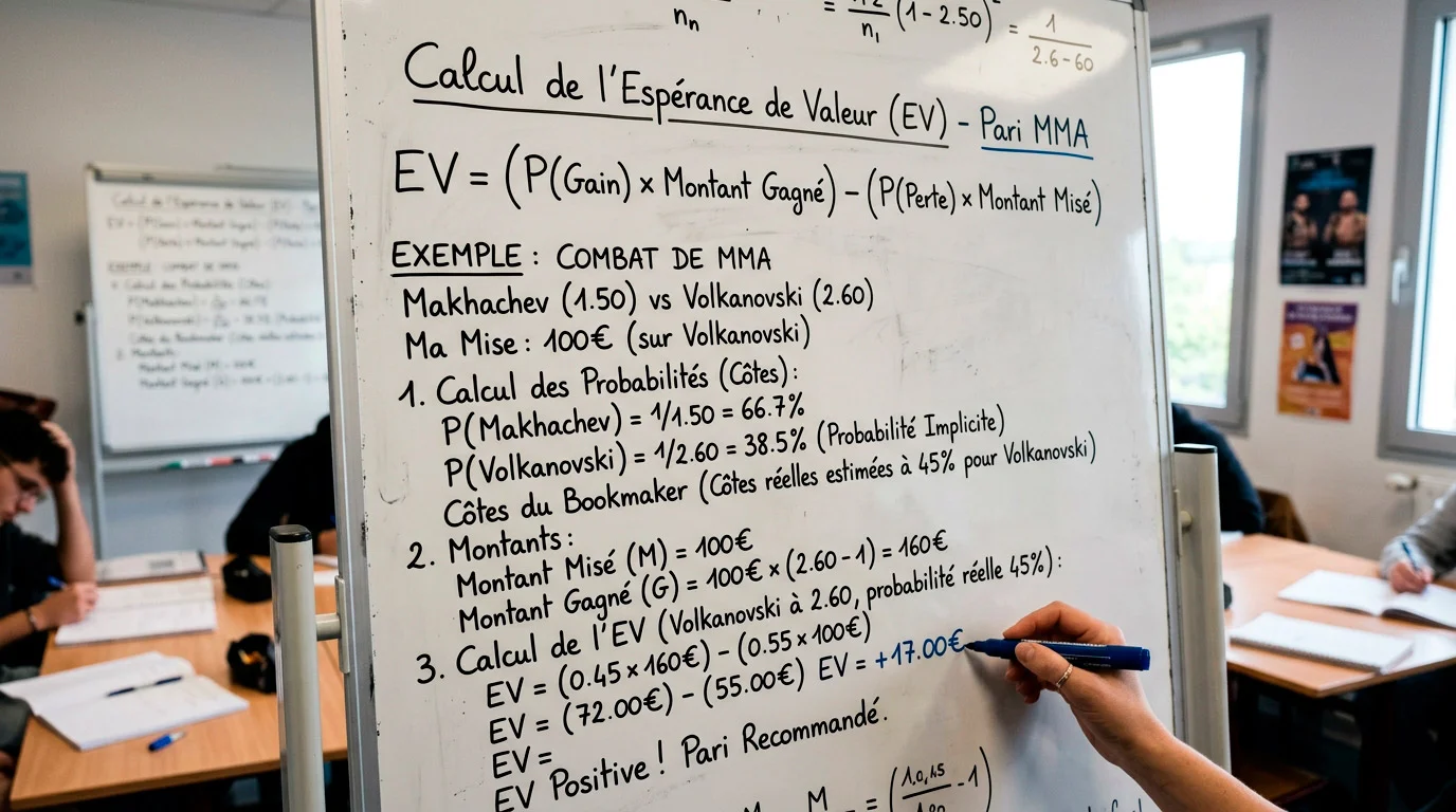 Tableau blanc avec la formule de l'expected value appliquée à un pari MMA