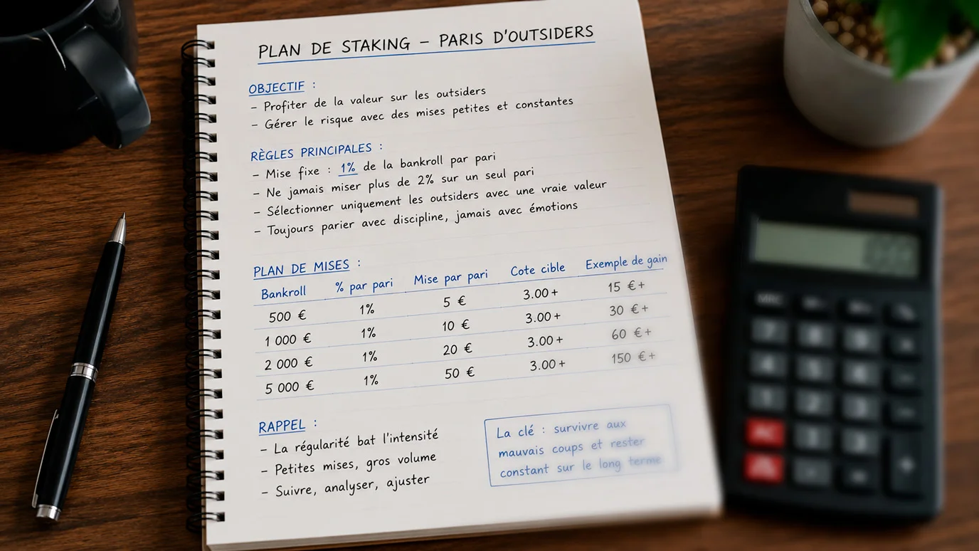 Bloc-notes avec stratégie de répartition des mises pour les paris sur outsiders