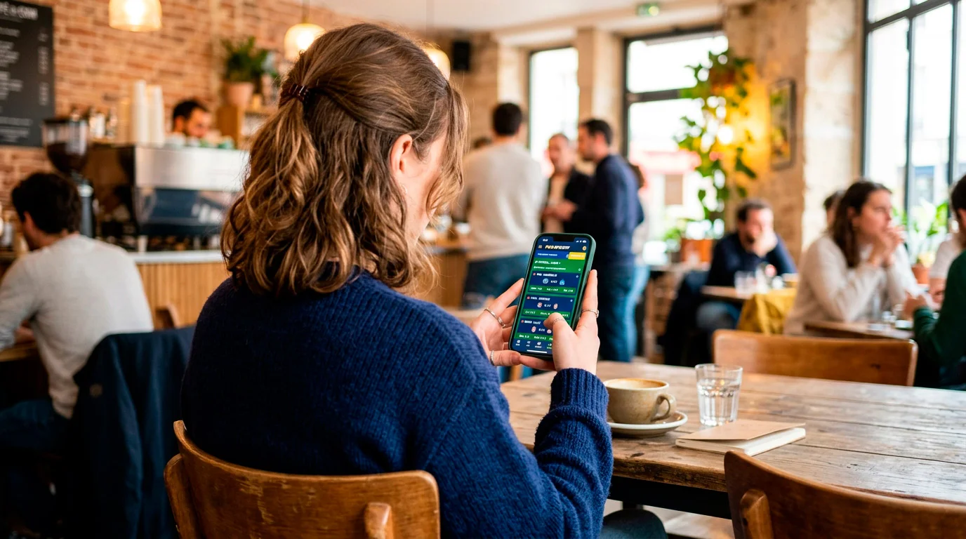 Jeune adulte consultant une application de paris sportifs sur son smartphone