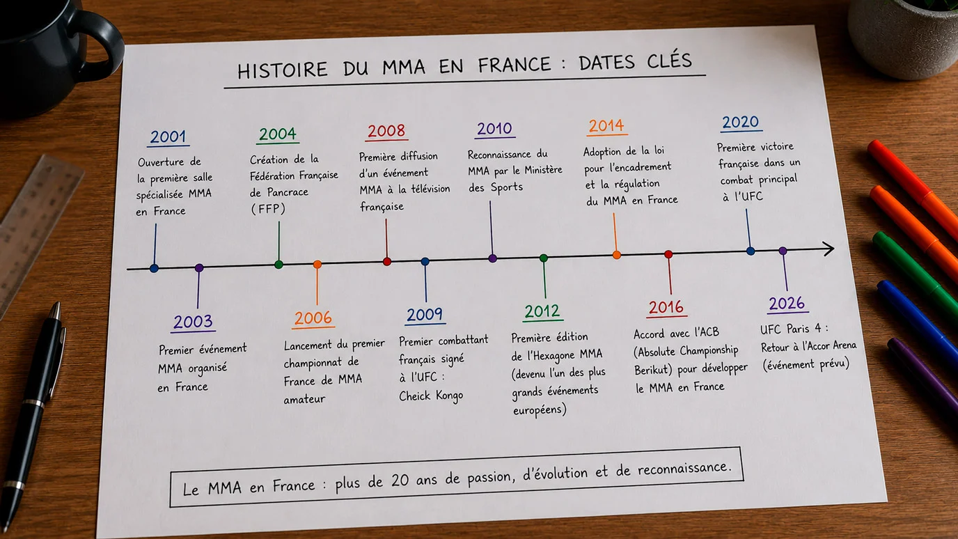 Frise chronologique manuscrite de l'histoire du MMA en France