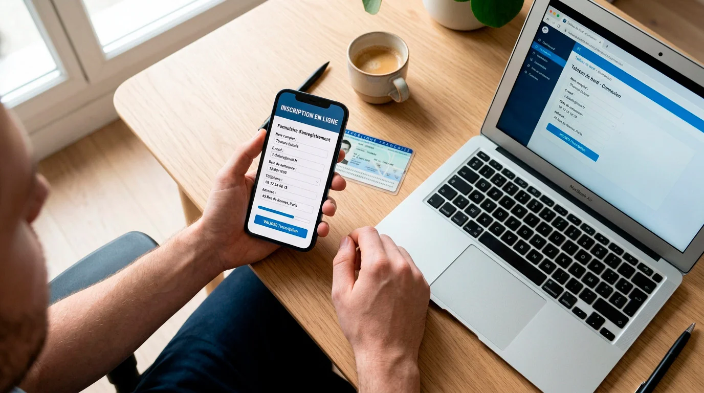 Formulaire d'inscription sur un site de paris sportifs avec un smartphone et une carte bancaire