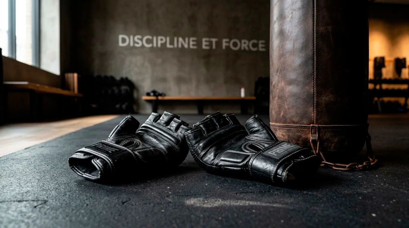 Gants de MMA posés à côté d'un sac de frappe dans une salle d'entraînement