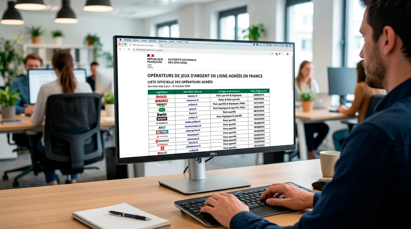Liste des opérateurs de paris sportifs agréés affichée sur un écran officiel