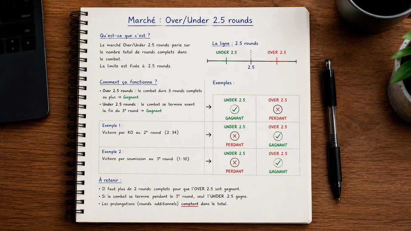 Bloc-notes expliquant le fonctionnement du marché over/under 2.5 rounds