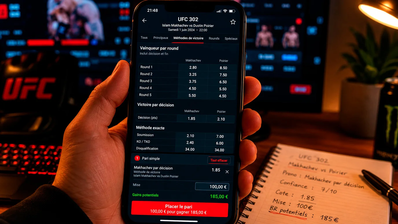 Écran de paris affichant les cotes par round pour un combat UFC