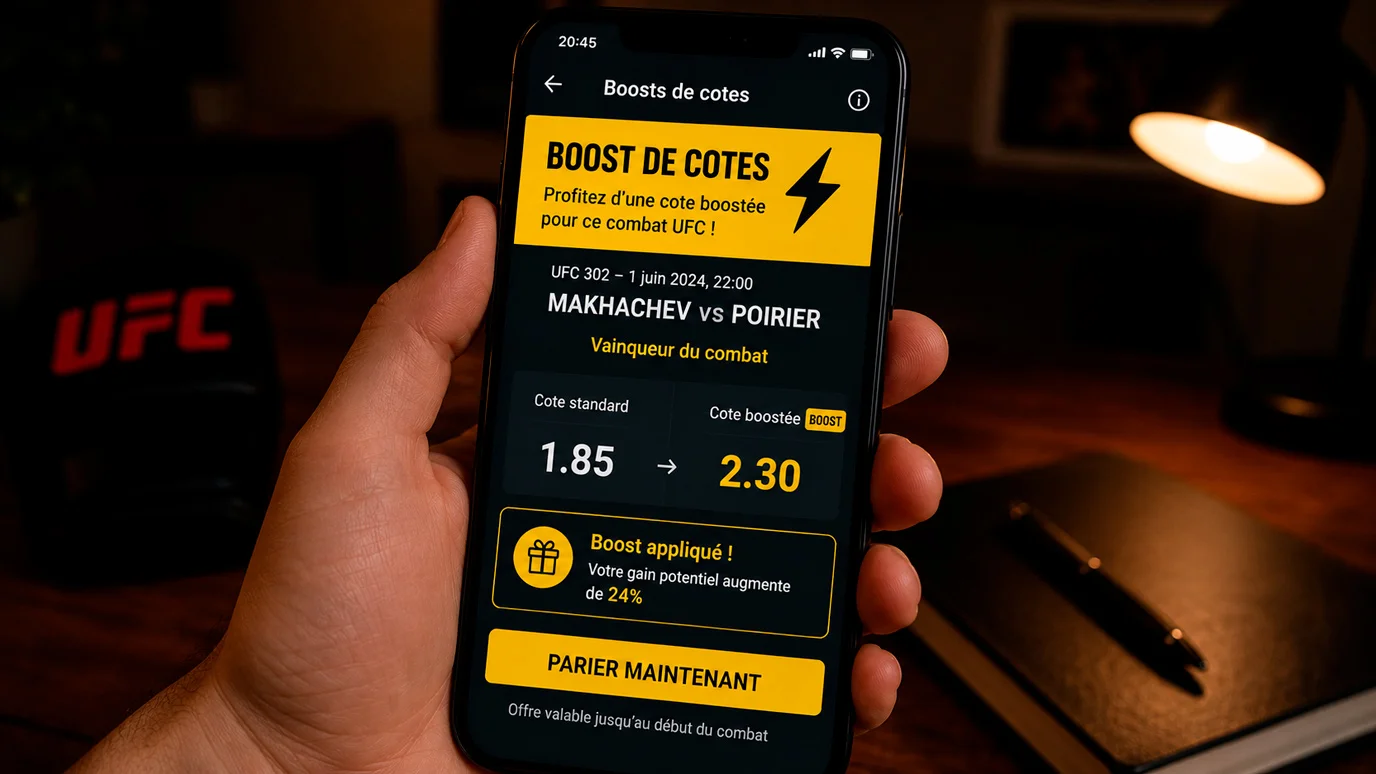 Écran de bookmaker montrant une cote standard et une cote boostée côte à côte