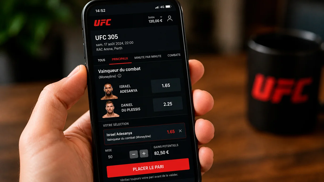 Écran de smartphone montrant un pari moneyline simple sur un combat UFC