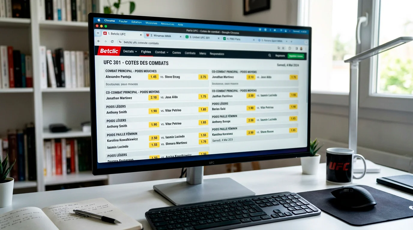 Plusieurs onglets de bookmakers ouverts sur un navigateur pour comparer les cotes UFC