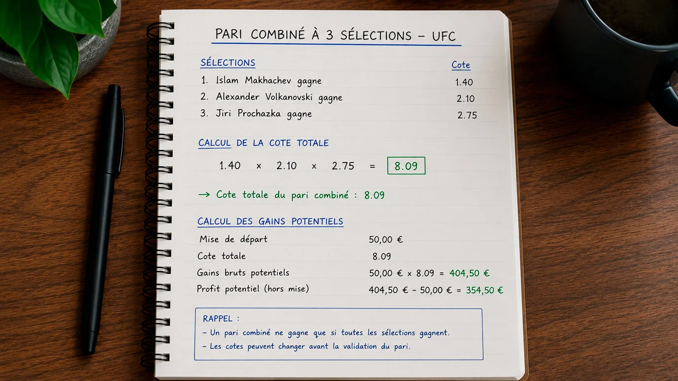 Tableau montrant la multiplication des cotes dans un parlay à trois sélections UFC