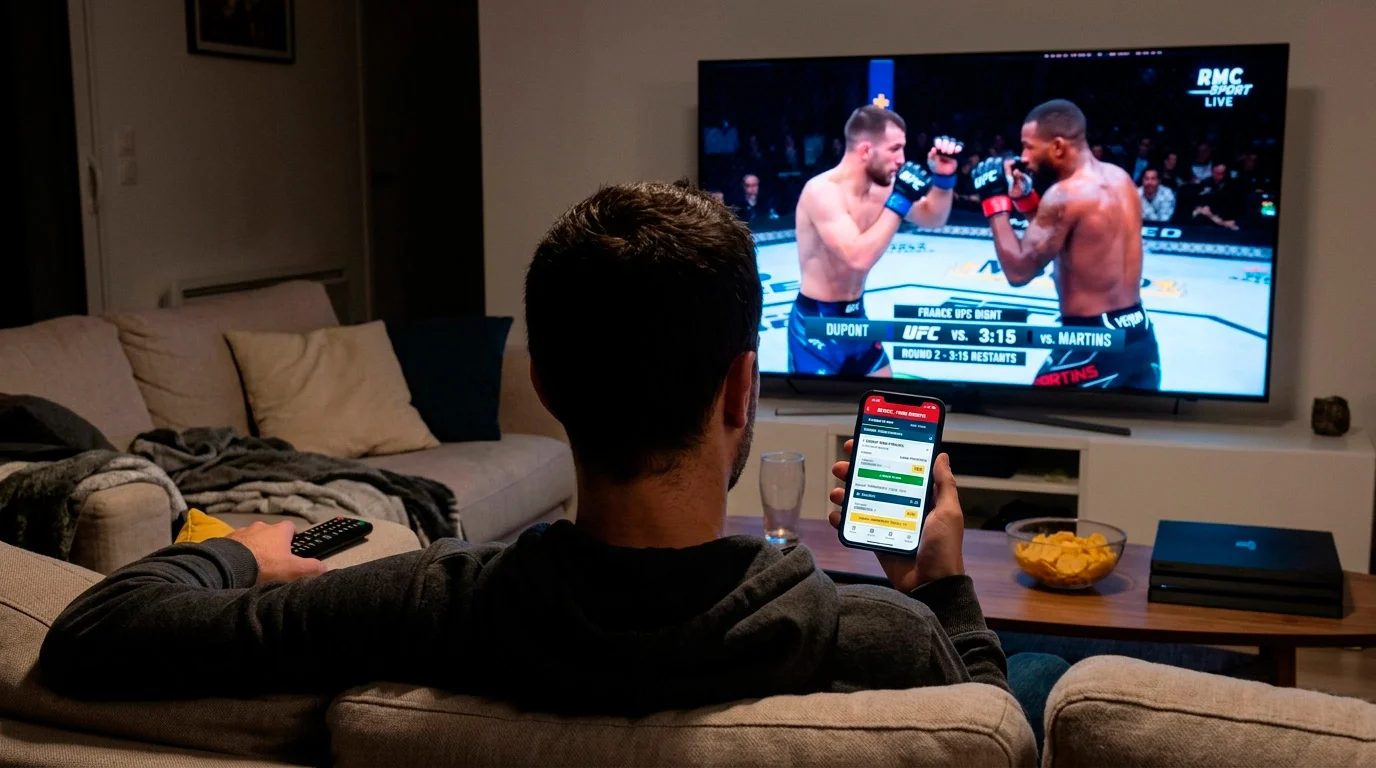 Personne regardant un combat MMA sur un écran tout en consultant son application de paris